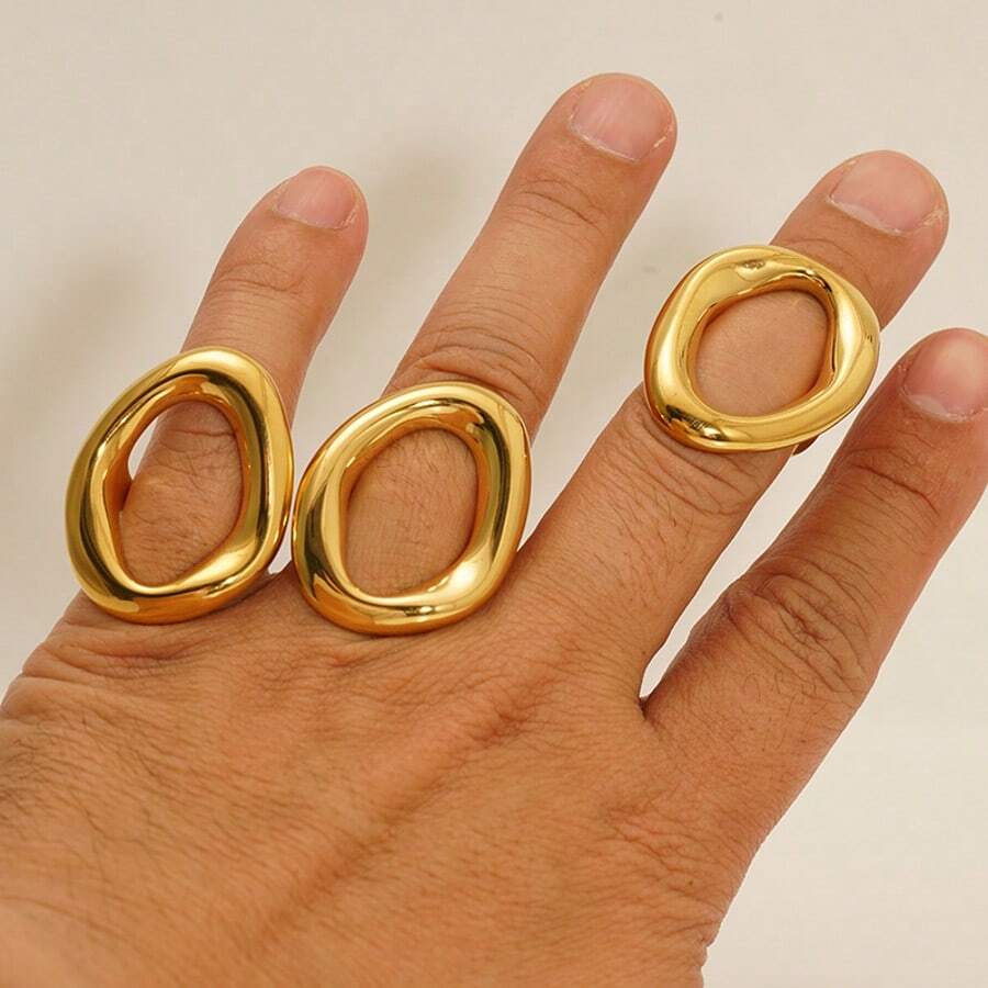 Minimalist Geometric Hollow Interface Ring, 18K Plated Stainless Steel - Gold - View 1