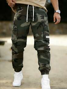 Men's Camouflage Cargo Pants, Military Style Drawstring Waist Multi-Pocket Casual Trousers - Army Green - View 1