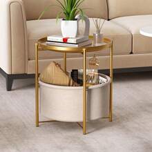 Mesa Auxiliar Moderna con Bandeja Dorada, Estructura Metálica, Almacenamiento Inferior Beige - 1 - Ver 8