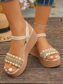1 Pair Summer Thick Sole Platform Sandals For Teenagers, Fashionable Minimalist Slip-On, Comfortable For Daily Wear, Travel, Beach, Vacation. Runs Small, Order One Size Up - Apricot - View 6
