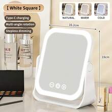 Espejo de maquillaje LED portátil, modo de atenuación con control táctil, soporte giratorio 360°, instalación reversible, puerto de carga Tipo C, conveniente para viajes y uso en el escritorio, sistema de iluminación ajustable de 3 colores, espejo antirreflejo - Multicolor - Ver 18