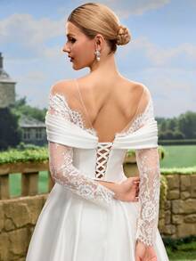 Satin Lace Trim Mermaid Wedding Dress, White Bridal Gown For Church Wedding, Intimate Wedding - White - View 3