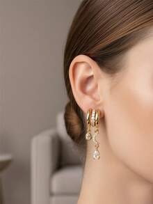 2 đôi bông tai mặt dây chuyền hình trăng bát giác bất đối xứng bằng đồng đính đá Zirconia, thích hợp cho nữ giới đeo hàng ngày, dự tiệc, hẹn hò, ngày lễ. - Vàng - Xem 3