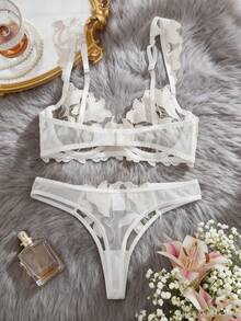 Women's White Floral Embroidered Mesh Sexy Lingerie Set, Bridal Style - 白色 - 查看 3