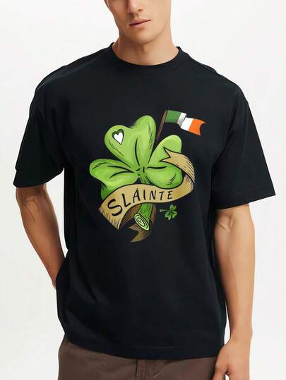 Shamrock Flag Sláinte Heart Banner Printed Premium T-Shirts Men Summer Short Sleeve Tees Casual Tops St Patrick's Day Gifts