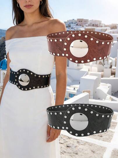 1条女士宽腰带，金属扣装饰，复古高腰连衣裙配饰，黑色