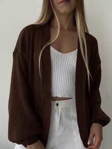 Basic Knit Jacket With Puff Sleeves - Coffee Brown - View 2