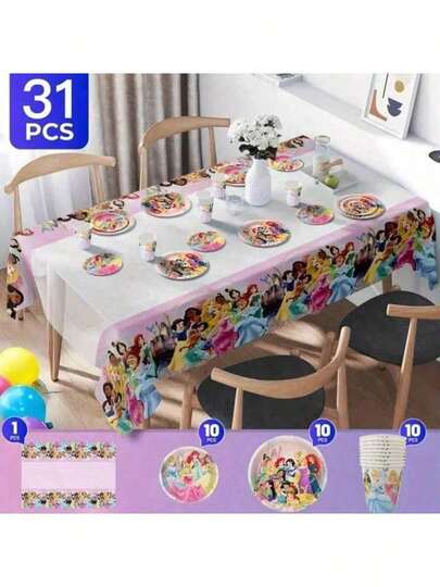 31-Piece  Castle Princess Disposable Tableware Set, Including 10 Dinner Plates, 10 Dessert Plates, 10 Paper Cups, And 1 Tablecloth. This Disposable Party Tableware Set Is Suitable For Camping, Picnics, Backyard Barbecues, Party Outings, Weddings, And Birthday Party Supplies.