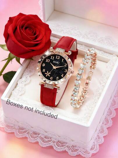 This Women's Watch Set Includes A Stylish And Elegant Starfish Dial With Arabic Numerals, A Crystal-Encrusted Case, A PU Leather Strap, And A Diamond Bracelet. It Is A Perfect Quartz Wristwatch Suitable For Daily Wear, Birthday Gifts, Parties, Holiday Gatherings, And An Ideal Choice For Yourself Or As A Gift For Friends.