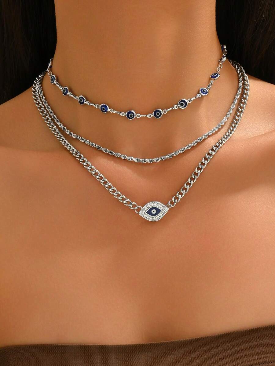 Set Kalung Mata Setan 3 Buah/Set, Kalung Choker Rantai Bergaya, Cocok untuk Pemakaian Sehari-hari dan Acara Luar Ruangan Wanita, Panjang Rantai Buatan Tangan Dapat Disesuaikan - beraneka warna - View 1