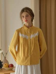 Simple Retro Women's Spring And Summer Casual Small Standing Collar Lace Collision Colour Splicing Blue Elegant Retro Temperament Valentine's Day Long Sleeve Shirt - Yellow - View 6