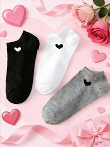 3/6/9/10/15/20 双装女士黑色、白色、灰色短袜，休闲百搭男女通用爱心图案乐福鞋袜，春夏款 - 彩色 - 查看 15