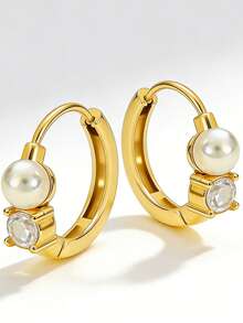 1pc 18K Gold Plated Earrings, Rhinestone & Pearl Decor Titanium Steel Earrings, Fashionable & Versatile Jewelry Suitable For Women's Daily Wear - Pearl Earrings - View 3