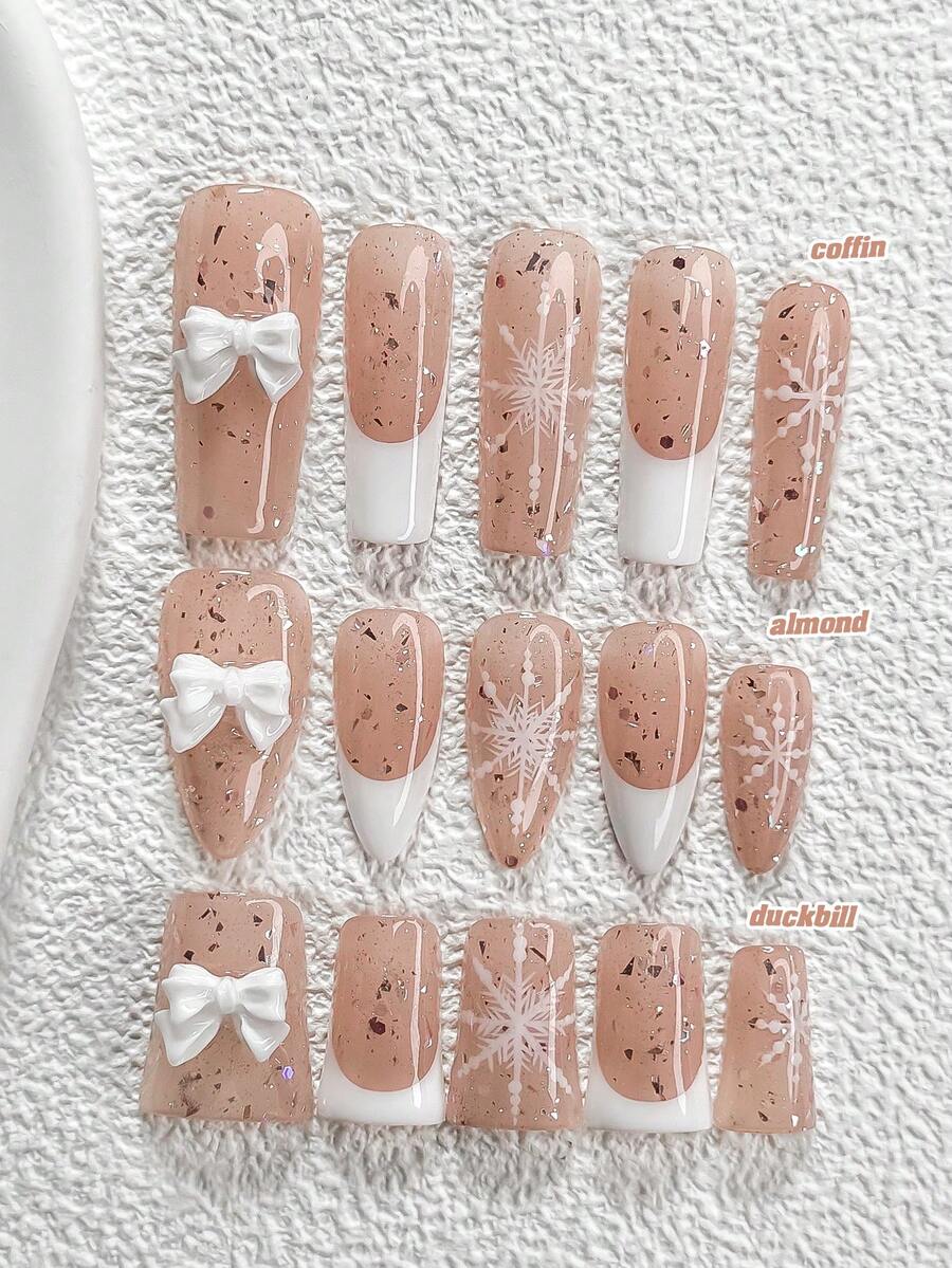 10Pcs Romantic Style Handmade Press On Nail,Polygel Nail Set,Bow Accents And Hand Painted Snowflake Designs,Snowflake,White Nail Polish,Fresh Style,Includes Nail Tools,3 Sizes Available,Almond,Duck,Coffin Nails For Party,Dance,Daily Wear. - 彩色 - 查看 1