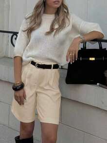 Old Money Style ,Retro, Dignified, Simple And Elegant All-White Crewneck 7-Quarter Sleeve Mohair Sweater For Women's Outerwear In Autumn - Beige - View 3