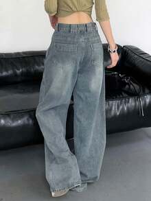 Quần jeans ống rộng dáng suông có túi dành cho nữ, thích hợp mặc mùa xuân. - Rửa nhẹ - Xem 5