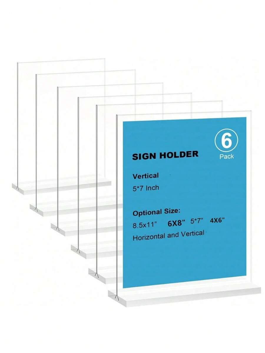 6pcs Acrylic T-Shaped Sign Holder - Double-Sided Desktop Display Stand For Menu & Photos - Transparent - View 1