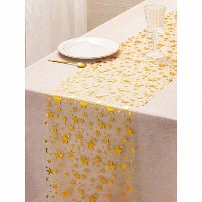 1pc Gold Foil Star Print Table Runner, 11 Inches X 108 Inches, Metallic Polyester Fabric, Suitable For Holidays, Spring, Wedding Tablecloths, Wedding Decorations, Home Decor, Room Decor, Party Favors, Bridal Birthday Decorations, Bachelorette Parties, Home Christmas Gifts, Valentine's Day Decorations.