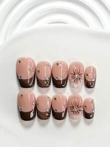 10pcs/Set Romantic Valentine's Day Handmade Nail Art Kit, Includes White Flower & Bow Decor, White & Red Gel Nails, French Polka Dot Stickers, Heart Painting, Silver Beads Embedded, 3 Sizes Available: Almond, Square, Coffin Shape, With Tool Set, Suitable For Sweet Ladies & Girls, Valentine's Day, Party, Daily Wear Handmade Press On Nails - 彩色 - 查看 4