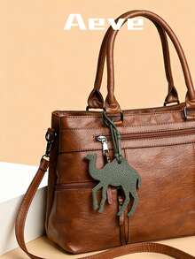 1件女士纯色复古棕色手提包，大容量托特包，带多个拉链口袋，商务旅行包，新款夏季PU双提手休闲单肩包，缝线防盗斜挎包 - 棕色 - 查看 4