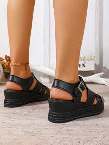 Sandal nữ màu đen thời trang mới, thoải mái, mũi tròn, hở mũi, quai chéo bằng chất liệu PU, kiểu dáng đơn giản, thích hợp cho hoạt động ngoài trời, đi biển, đế dày, đa năng cho mùa hè. - màu đen - Xem 4