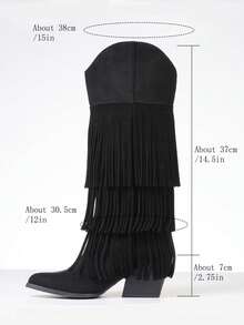 Women's Retro Fringe Knee High Cowboy Boots Fashion Pointed Toe Block Chunky High Heels Pull On Vintage Western Cowgirl Boots - màu đen - Xem 6