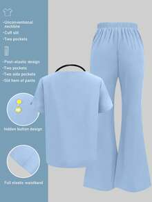 Solid Color V-Neck Short Sleeve Top And Split Flare Pant Lab Coat Nurse Scrub Uniform Set, Scrub Uniform For Pet Hospital Clinic Private Nursing Work Outfit Top And Pant With Pockets - Màu xanh nhạt - Xem 2