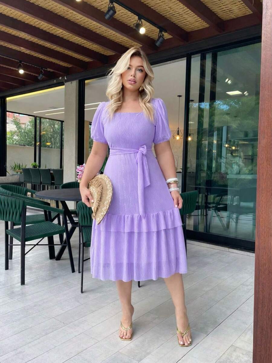 Elegant Women's Casual Dress, Fabric, Hem With Ruffle, Knot, Pleated, Women's Evening Wedding Dress - 淡紫色 - 查看 1