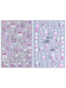 2pcs Easter Cartoon Rabbit & Flower 5D Embossed Nail Art Stickers, Spring Easter Eggs Rabbit Tulip Flower Nail Decals, DIY Nail Art Decoration Nails - Multicolor - View 3