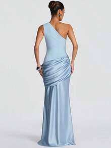 2026 FW New Arrival Women's Elegant Slim Dress - European American Backless One-Shoulder Ruched Sleeveless Cocktail Dress - 藍色 - 查看 2