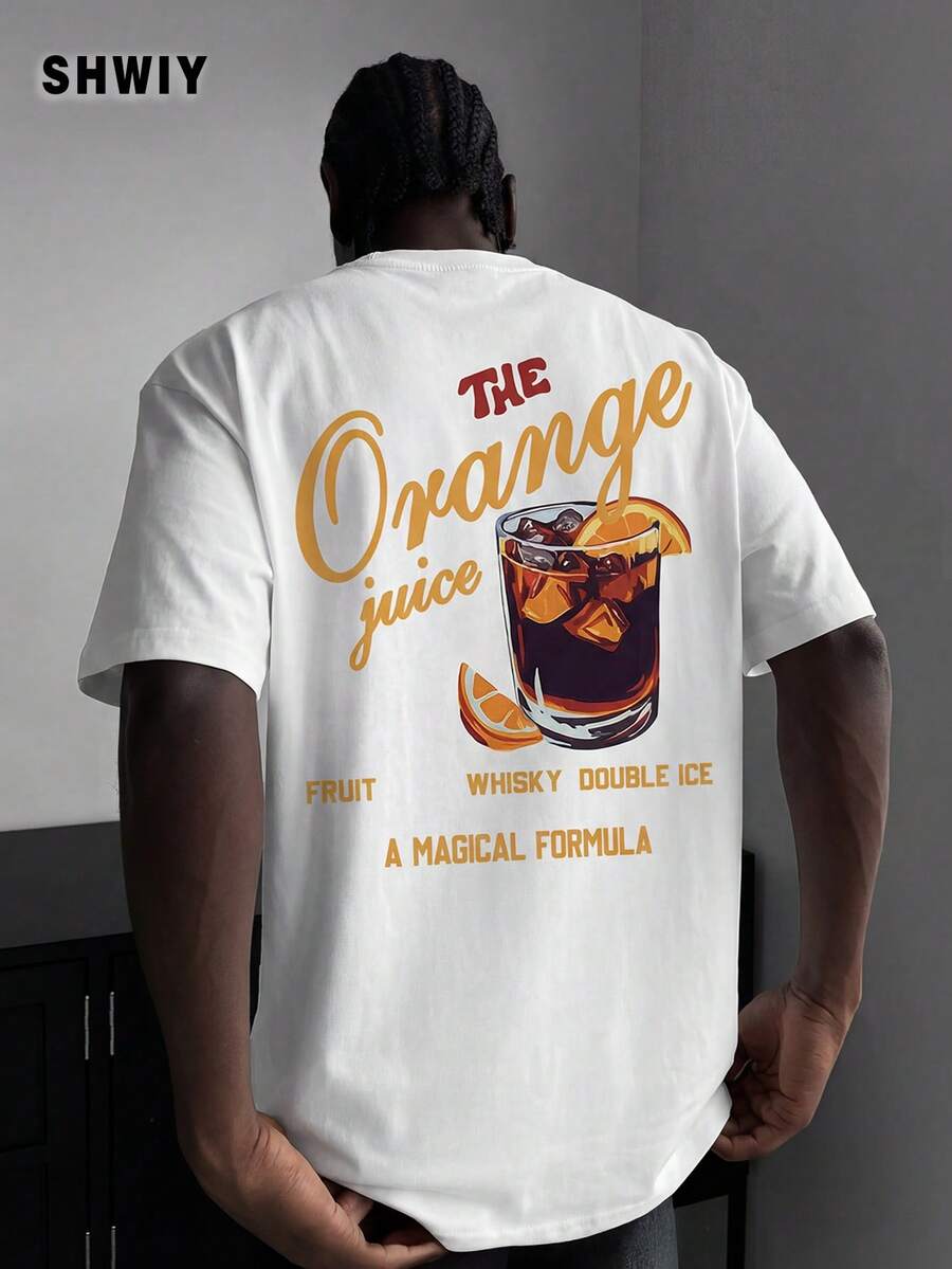 Shwiy 男士夏季果汁主题地区特色柑橘水果印花极简主义图案T恤，轻薄休闲，适合春夏穿着 - 白色 - 查看 1