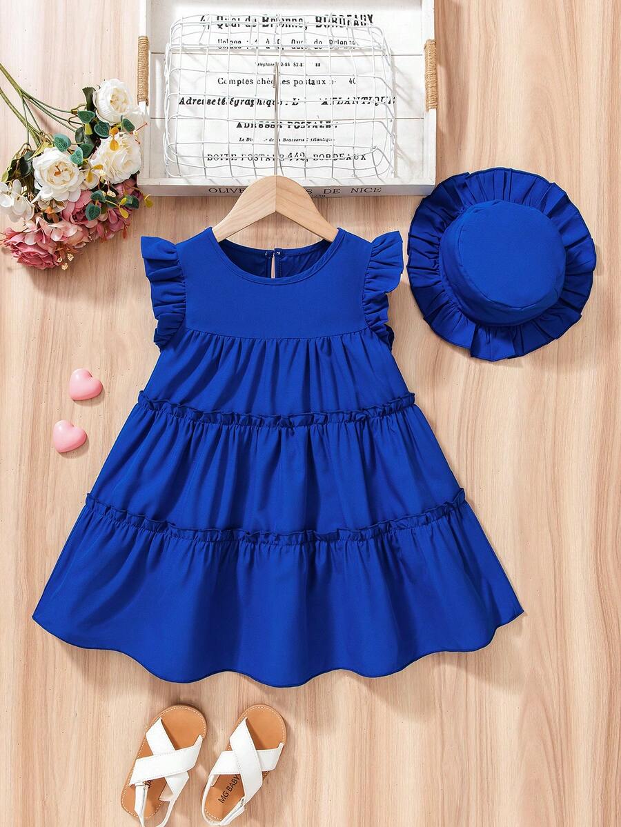 Vestido de niña estilo casual de hadas de color azul marino sólido + sombrero, vestido de vacaciones imprescindible para niñas en verano, diseño de cintura alta versátil y elegante, adecuado para reuniones familiares, fiestas de cumpleaños, vacaciones en la playa, fresco y sencillo, viene con un lindo sombrero a juego para añadir dulzura, fácil de tomar fotos de vacaciones elegantes. Adecuado para niñas de 4 a 7 años, primavera/verano. - Azul - Ver 1
