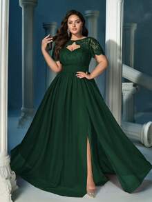 QOQ Elegant Temperament Plus Size Bridesmaid Dresses Women Formal Dress For Formal Events, Wedding Guest Pure Color Splicing Lace Short Sleeve Weddings Gown - Dark Green - View 3
