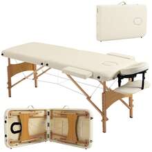 HOMCOM Camilla de Masaje Plegable 210x81 cm Camilla Estética Profesional con Reposacabezas Extraíble 2 Zonas Asa y Marco de Madera con Altura Regulable y Bolsa de Transporte - Beis - Ver 6
