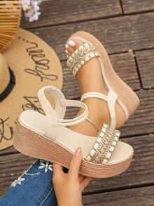 1 Pair Summer Thick Sole Platform Sandals For Teenagers, Fashionable Minimalist Slip-On, Comfortable For Daily Wear, Travel, Beach, Vacation. Runs Small, Order One Size Up - Apricot - View 2