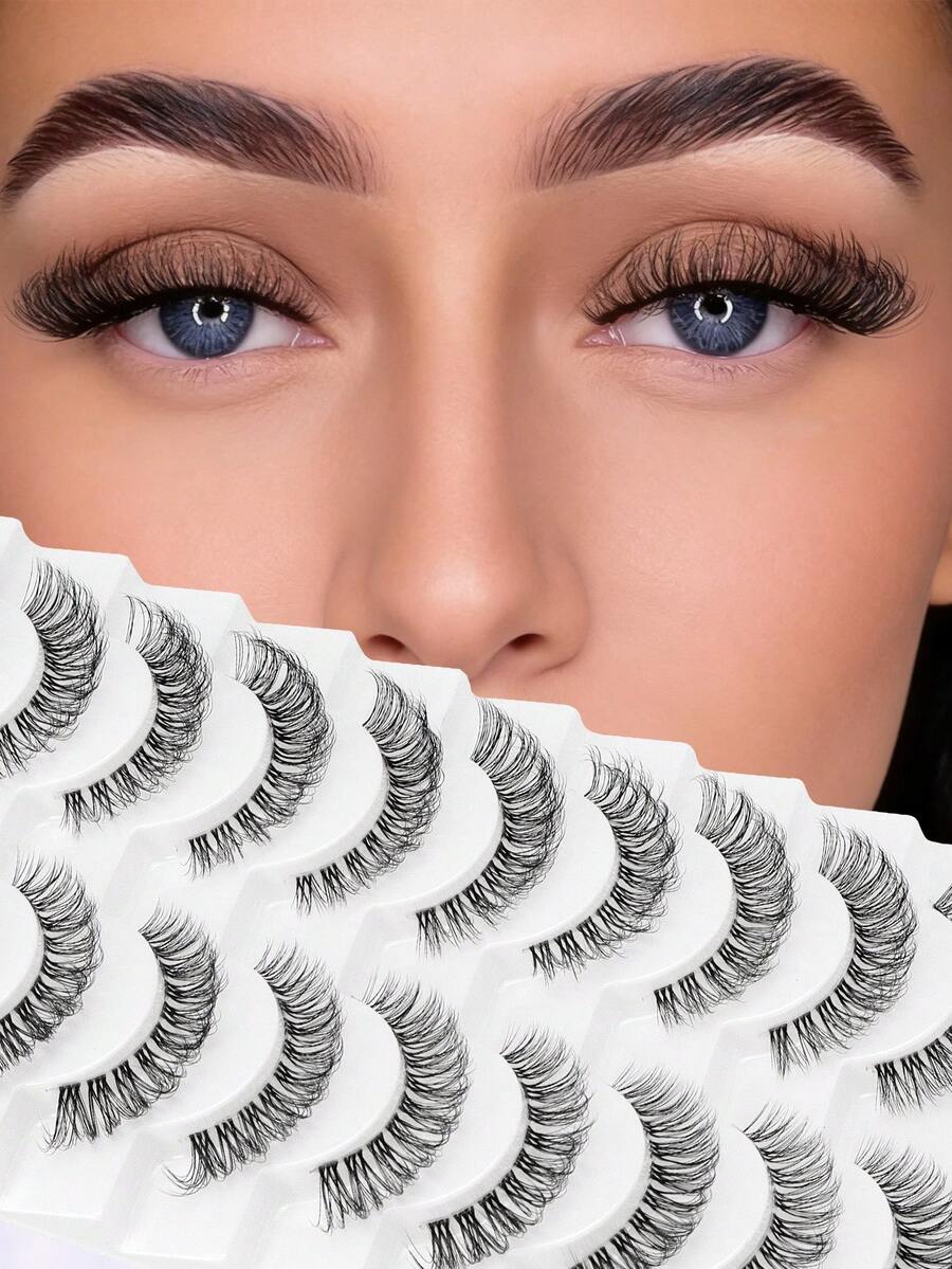 10对俄罗斯浓密3D仿真睫毛，拉长交叉设计 - 黑色 - 查看 1