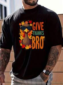 Give Thanks Bro Turkey With Sunglasses Graphic Tee Thanksgiving Casual Top,Soft & Lightweight Skin-Friendly T Shirt For Men,100 Percent Cotton Graphic T Shirts,Australia T Shirt,Valentine's Day,Funy Shirt,Streetwear - Black - View 1