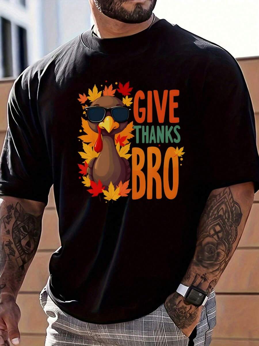 Give Thanks Bro Turkey With Sunglasses Graphic Tee Thanksgiving Casual Top,Soft & Lightweight Skin-Friendly T Shirt For Men,100 Percent Cotton Graphic T Shirts,Australia T Shirt,Valentine's Day,Funy Shirt,Streetwear - Black - View 1