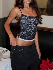 Women Y2K Lace Crop Cami Top Block Sheer Mesh See Through Tank Top Retro Slim Fit Fake Two Piece Camisole - 黑色 - 查看 1