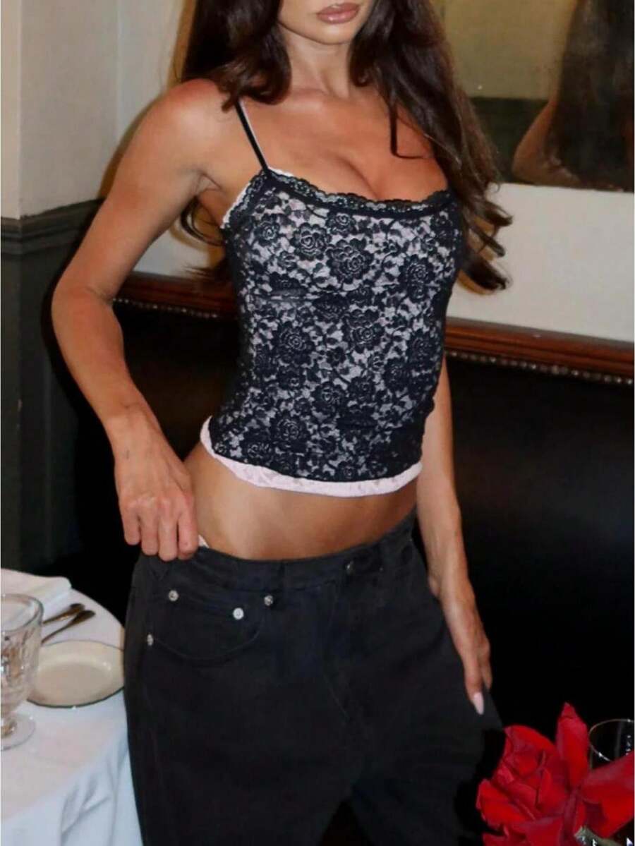 Women Y2K Lace Crop Cami Top Block Sheer Mesh See Through Tank Top Retro Slim Fit Fake Two Piece Camisole - 黑色 - 查看 1