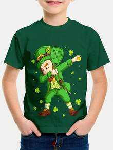 Boys' St. Patrick'S Day Leprechaun Graphic Tee - Casual & Comfy Polyester, Short Sleeve, Round Neck - Machine Washable, Perfect For Summer Outings, Casual Summer Wear | Playful Graphic Tee | Comfortable Fit, Leprechaun, Perfect For Outdoor - Black - View 6