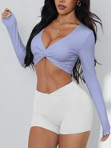 ATTRACO 性感黑色长袖深V领上衣，女士瑜伽运动扭结前片设计健身背心，休闲健身运动文胸 - 紫丁香色 - 查看 4