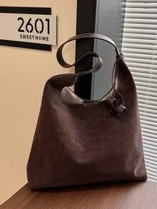 1pc Women's Fashionable Commuter Solid Color Shoulder Bag, Portable Versatile Large Capacity Hobo Bag, Suitable For Dates, Shopping, Gifts, Work - Coffee - View 9