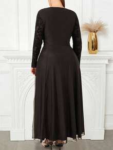 Plus Size Solid Color Breathable Mesh Elegant Dress For Women, Suitable For Formal Occasions And Dates, Long Sleeve Jacquard Lining Long Dress, A Gift For Wife On Valentine's Day - Black - View 3