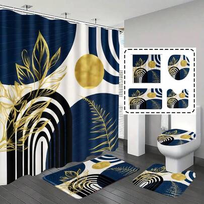 [Popular Choice] 1pc/4pcs Bathroom Curtains Shower, Bathroom Set, Shower Curtain Set, Shower Curtains, Bathroom Decor, Bathroom Rug, Home Decor, Bath Mat, Bathroom Mat, Abstract Geometric & Floral Pattern, Gift, Boho Theme Decoration, Bathroom Ensemble, Includes 12 Hooks
