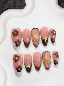 10pcs Gentle & Elegant Acrylic Nail Art Set, Acrylic Pressed Nails, Brown 5-Petal Diamond Print, Golden Sparkling, Handmade 4-Petal Gradient Flower Nail Decor, Suitable For Spring & Autumn Nail Supplies - 彩色 - 查看 16