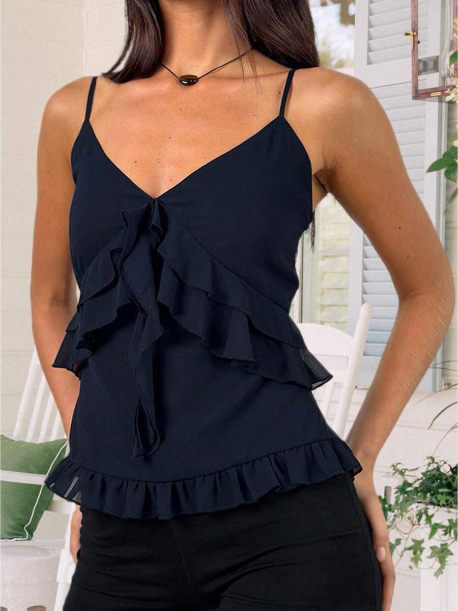 Women's Chiffon Ruffled Camisole Solid Color Spaghetti Strap V-Neck Slim Fit Crop Tank Tops Streetwear - Navy Blue - View 1