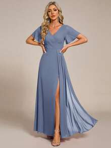 EVERPRETTY Navy Blue Formal Bridesmaid Dress With Elegant Butterfly Sleeves, Ruched Details And Front Slit, Suitable For Weddings Spring - Dusty Blue - View 4
