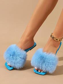 Women's Solid Color Fashionable Cute Faux Fur Splicing Sandals, Suitable For Parties, School, Vacation, Outdoor Wear In Summer - Baby Blue - View 6