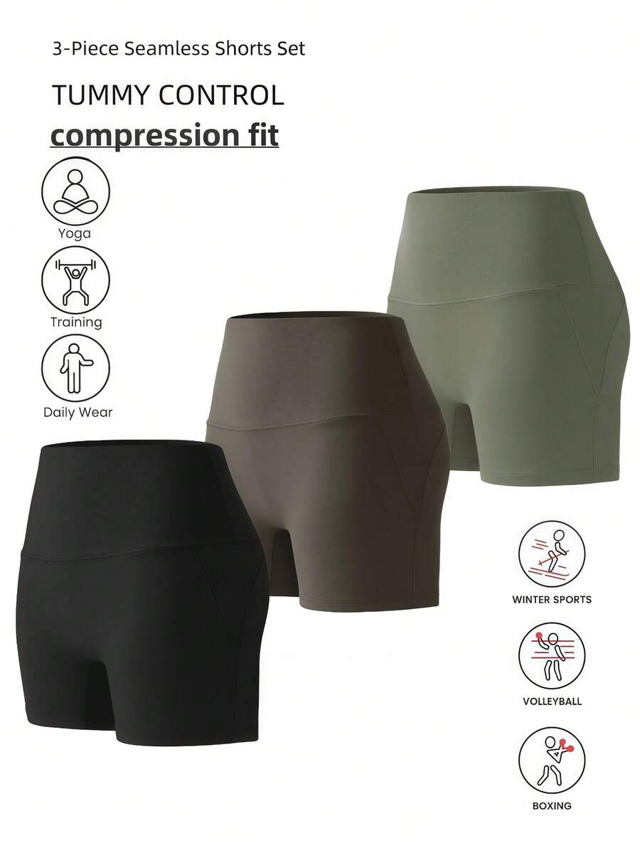 3pcs Seamless High Waist Shaping Shorts Sculpting Waist Butt Lifter Fashionable Fitness Biker Shorts For Women Gym Shorts - 彩色 - 查看 1